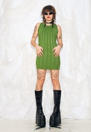 Vintage Y2K Knitted Mini Dress in Green Metallic Glam