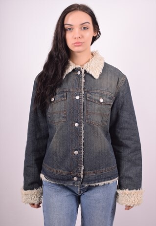 WOMENS VINTAGE SHERPA DENIM JACKET XL BLUE 90'S