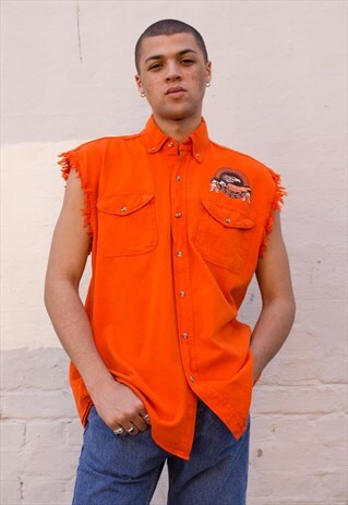 VINTAGE BRIGHT ORANGE SLEEVELESS BIKER SHIRT