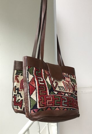 VINTAGE HANDMADE BROWN LEATHER TURKISH WOOL KILIM HANDBAG