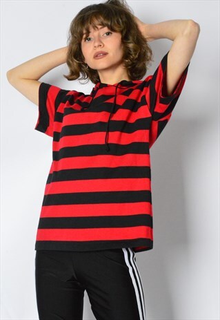 VINTAGE 90S RED BLACK STRIPED HOODED T-SHIRT