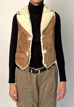 00s Brown Tan Embroidered Genuine Leather Suede Gilet