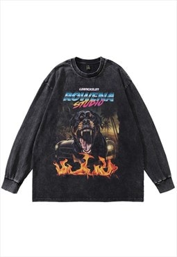 Rottweiler t-shirt vintage wash top angry dog print long tee