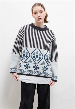 VINTAGE 80S BOXY FAIR ISLE STRIPED SNOWFLAKE KNIT JUMPER M