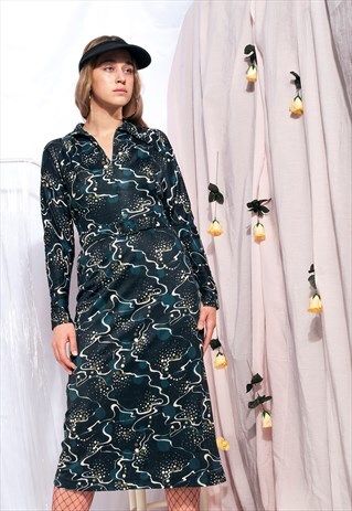 VINTAGE MIDI DRESS 70S PSYCHEDELIC PATTERN SHIRT DRESS