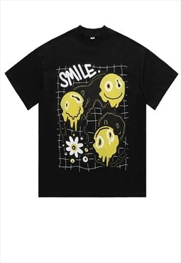 Emoji print t-shirt grunge tee retro raver smile top black