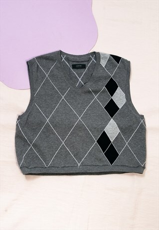 VINTAGE CROP VEST Y2K REWORKED WAISTCOAT IN GREY DIAMOND