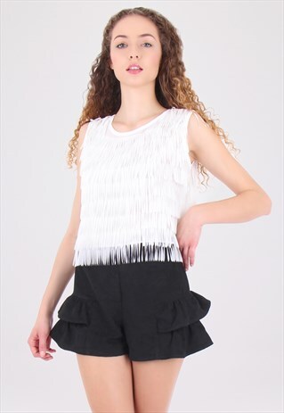 BLACK SIDE FRILLS DETAIL SUEDE LOOKS SHORTS