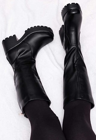 ROCKFORD PLATFORM BLOCK HEEL KNEE HIGH BIKER BOOTS - BLACK
