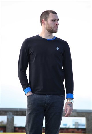 LONG SLEEVE BLACK TSHIRT WITH BLUE CONTRAST RIB