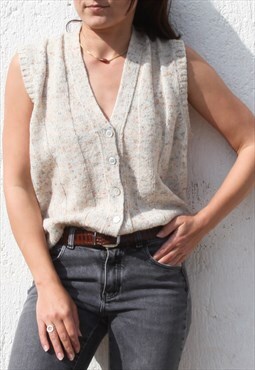 beige/multi color wool blend ribbed knit vest sweater,gilet.