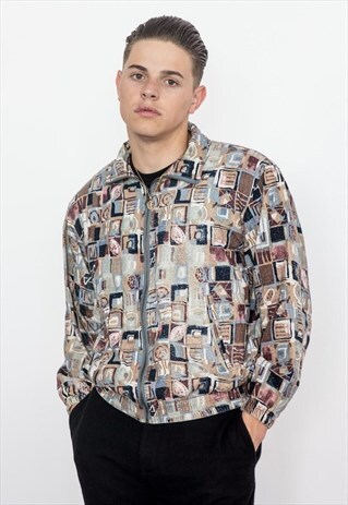 VINTAGE 80S ANTIQUE BLUE BEIGE SQUARES PRINT BOMBER JACKET