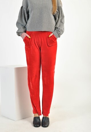 VINTAGE VELVET WIDE LEG TROUSERS IN RED