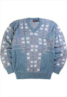 LR11 V Neck Knitted 80s Jumper / Sweater Men's Small Blue