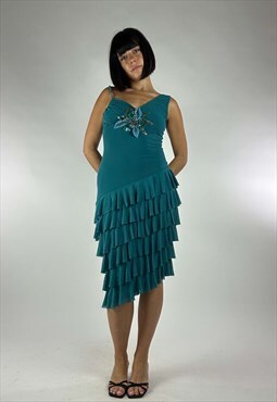 Vintage 00s Asymmetric Ruffled Midi Dress With Beaded Flower