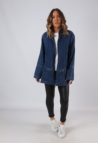DENIM JACKET TARTAN LINED OVERSIZED LONG LONGLINE UK 14 HW3Y