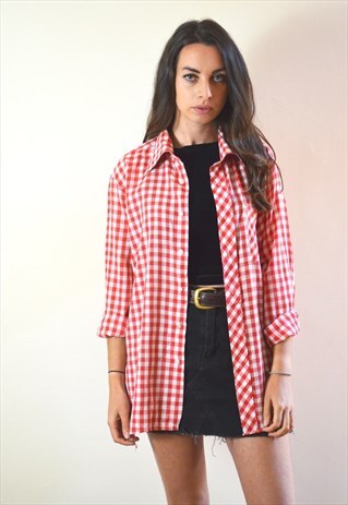 1990S VINTAGE RED AND WHITE CHECKED LONG SLEEVE SHIRT