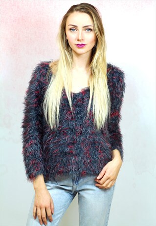 1990S VINTAGE PURPLE SOFT FLUFFY GREY WITH RED JUMPER