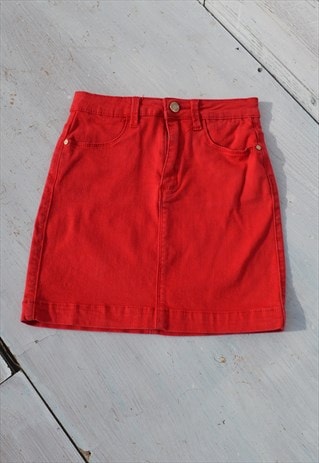 Vintage red denim high waist stretch mini skirt
