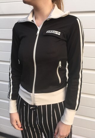 WOMENS VINTAGE ADIDAS WHITE BLUE SPORTS ZIPPER JACKET TOP