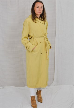 YELLOW TRENCH HOODED VINTAGE 80'S SANDY COAT FRENCH BELTED