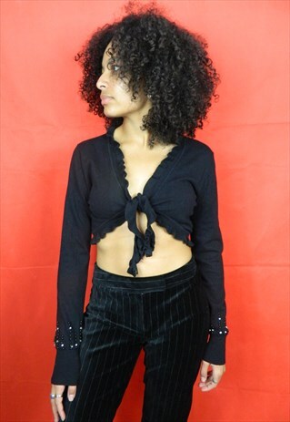 BLACK LONG SLEEVE CROP TOP WITH BEADS