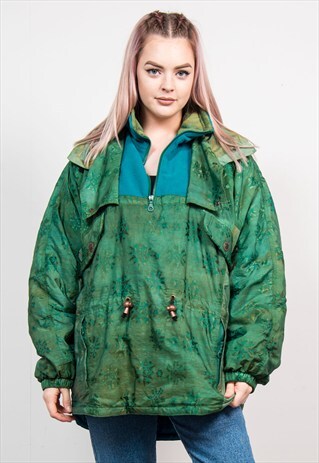VINTAGE 90'S GREEN PATTERN PULLOVER HOODED SKI COAT