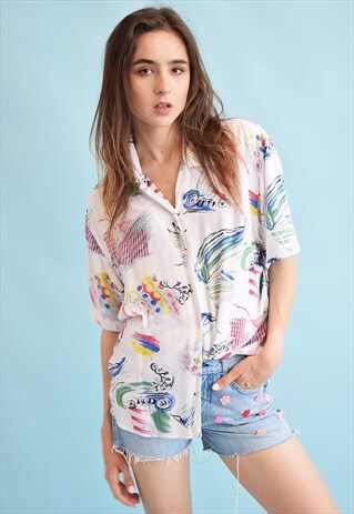 90'S RETRO ABSTRACT PRINT OVERSIZED DADS BLOUSE TOP