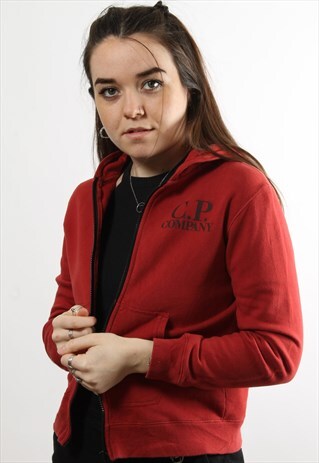 VINTAGE C.P. COMPANY RED HOODIE WITH LOGO & GOGGLES