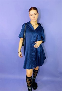 Vintage 90s Blue Satin Button Up Shirt Dress