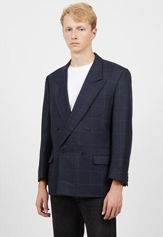 VINTAGE NAVY DOUBLE BREASTED CHECKERED BLAZER JACKET