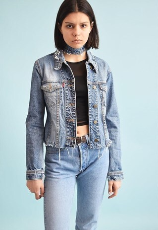 90'S RETRO DISTRESSED DENIM CROPPED JACKET & CHOKER SET