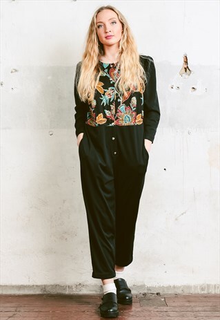 VINTAGE 80S BLACK FLORAL JUMPSUIT