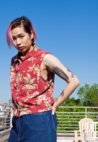 VINTAGE 90S FLORAL DENIM CROP SHIRT VEST
