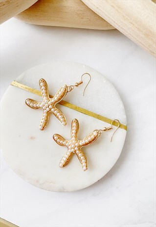GOLD FAUX PEARL DROP HOOK STARFISH SIMPLE EARRINGS