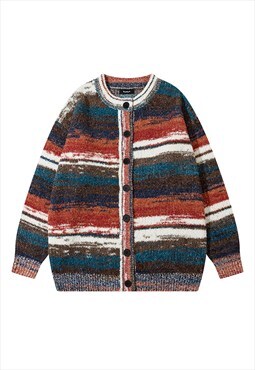Striped fluffy cardigan knitted gradient jumper preppy top