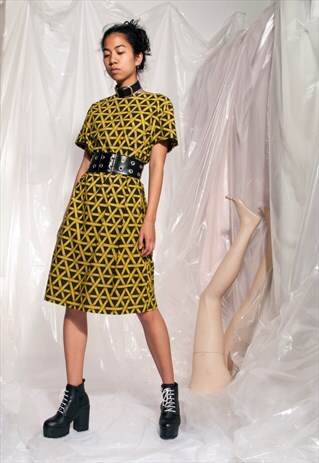 VINTAGE MOD DRESS 60S REWORKED DYED GREEN COTTON MIDI
