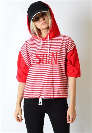 VINTAGE 80S RED AND WHITE STRIPED CROP TOP WITH HOOD