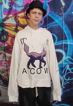 Cow fleece patch hoodie premium y2k animal pullover white