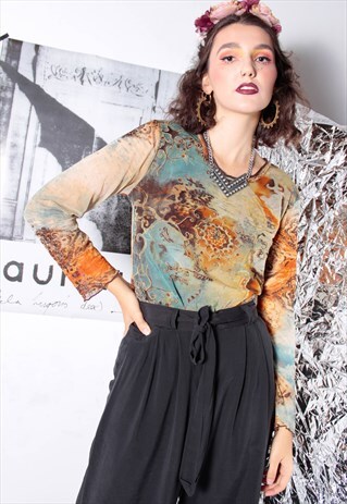 90S GRUNGE MANDALA BOHO HIPPIE SHEER SEE-THROUGH GLITTER TOP