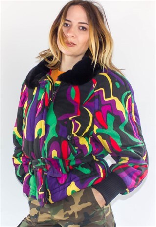 VINTAGE PADDED FAUX FUR RAINBOW SKI JACKET