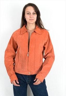 Vintage Women's 90s L Suede Leather Orange Basic Jacket 