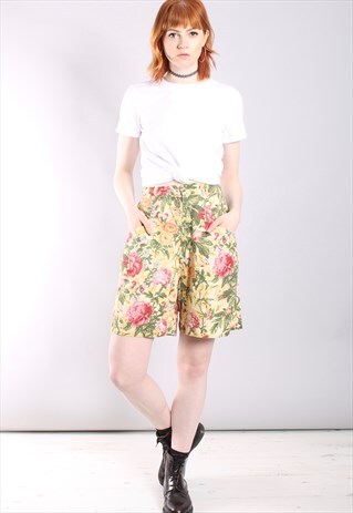 VINTAGE 90S FLORAL HIGH WAISTED LINEN SHORTS