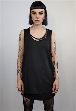 Chain attachment sleeveless top silky tank top crew neck tee