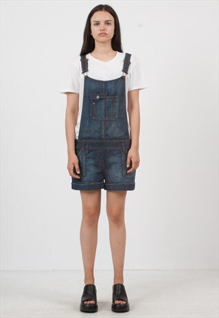 VINTAGE BLUE DENIM PLAYSUIT DUNGAREES SHORTS