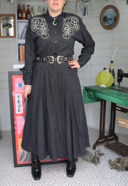 Revival 70s Black Western Embroidered Denim Maxi Gown Dress
