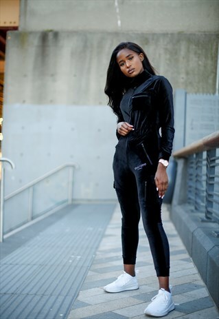 BLACK VELVET ZIP FRONT HIGH NECK JUMPSIUT