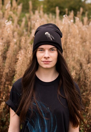 HAND PAINTED HAT WITH SWIMMING JELLYFISH, ORGANIC BEANIE