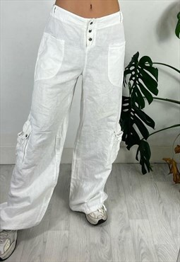 Vintage 90s White Linen Cargo Trousers