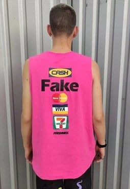 Cash money fake slogan t-shirt bank card print vest in pink